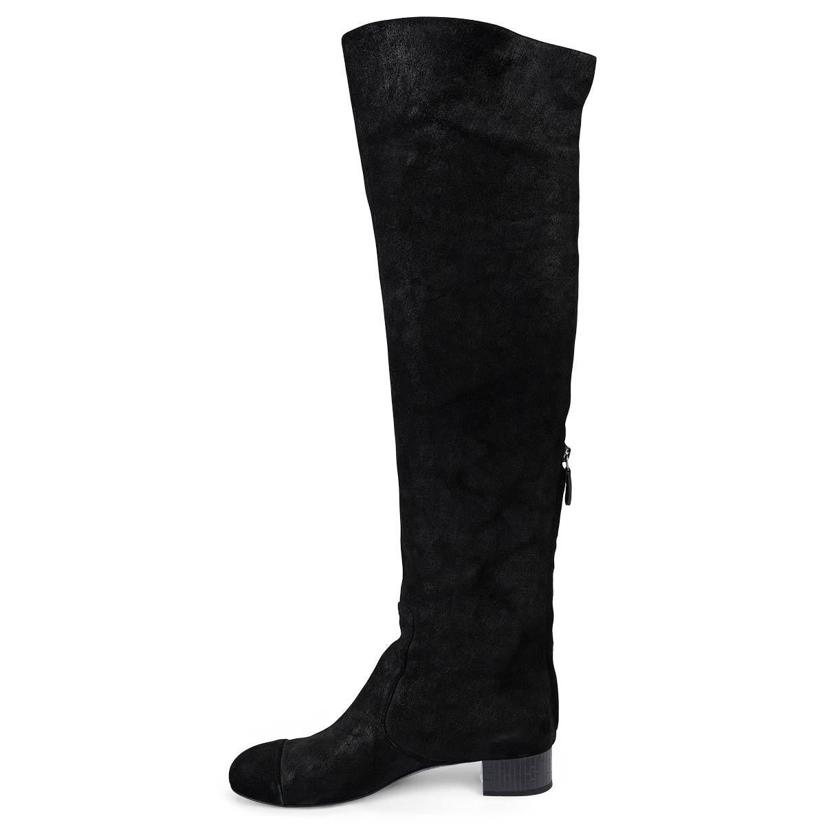 Women's CHANEL black textured suede MIRROR HEEL OVER-KNEE Boots Shoes 39.5 For Sale