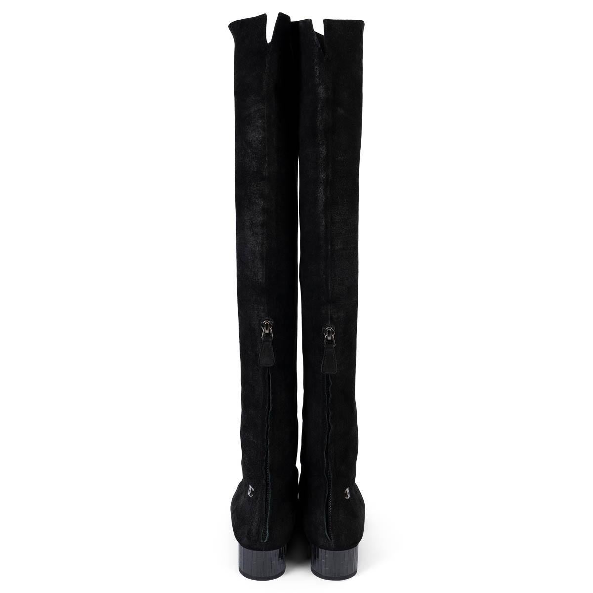 CHANEL black textured suede MIRROR HEEL OVER-KNEE Boots Shoes 39.5 For Sale 1