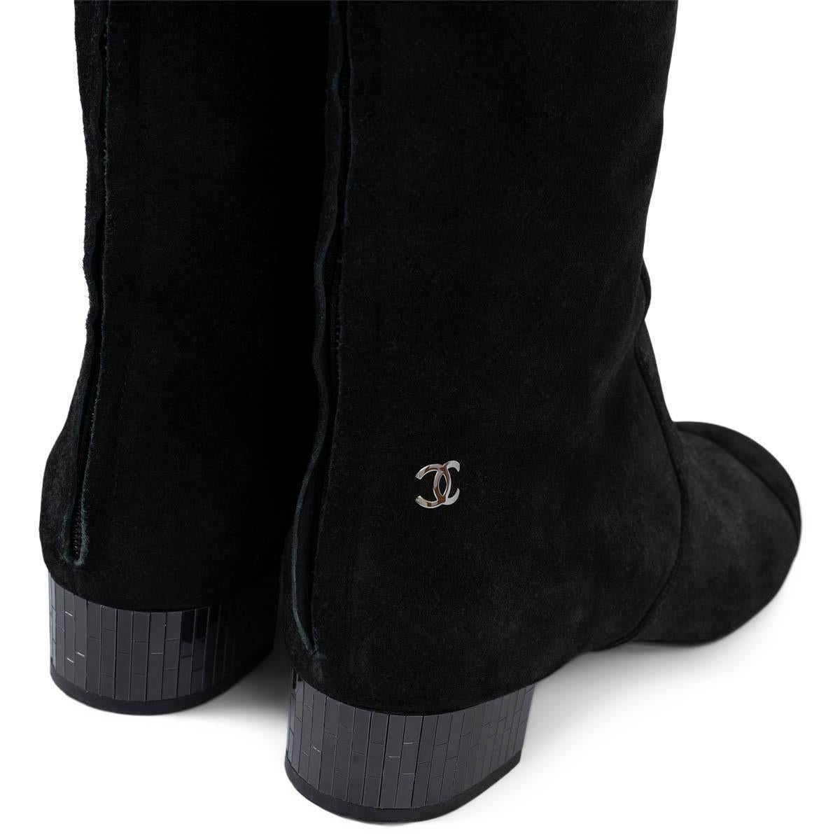 CHANEL black textured suede MIRROR HEEL OVER-KNEE Boots Shoes 39.5 For Sale 3