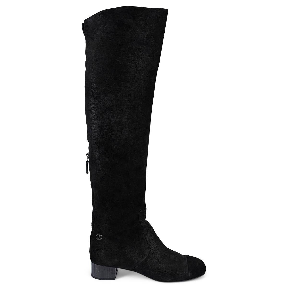 CHANEL black textured suede MIRROR HEEL OVER-KNEE Boots Shoes 39.5 For Sale