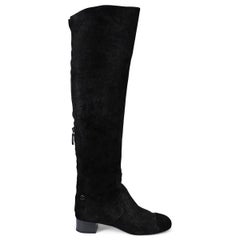 CHANEL black textured suede MIRROR HEEL OVER-KNEE Boots Shoes 39.5
