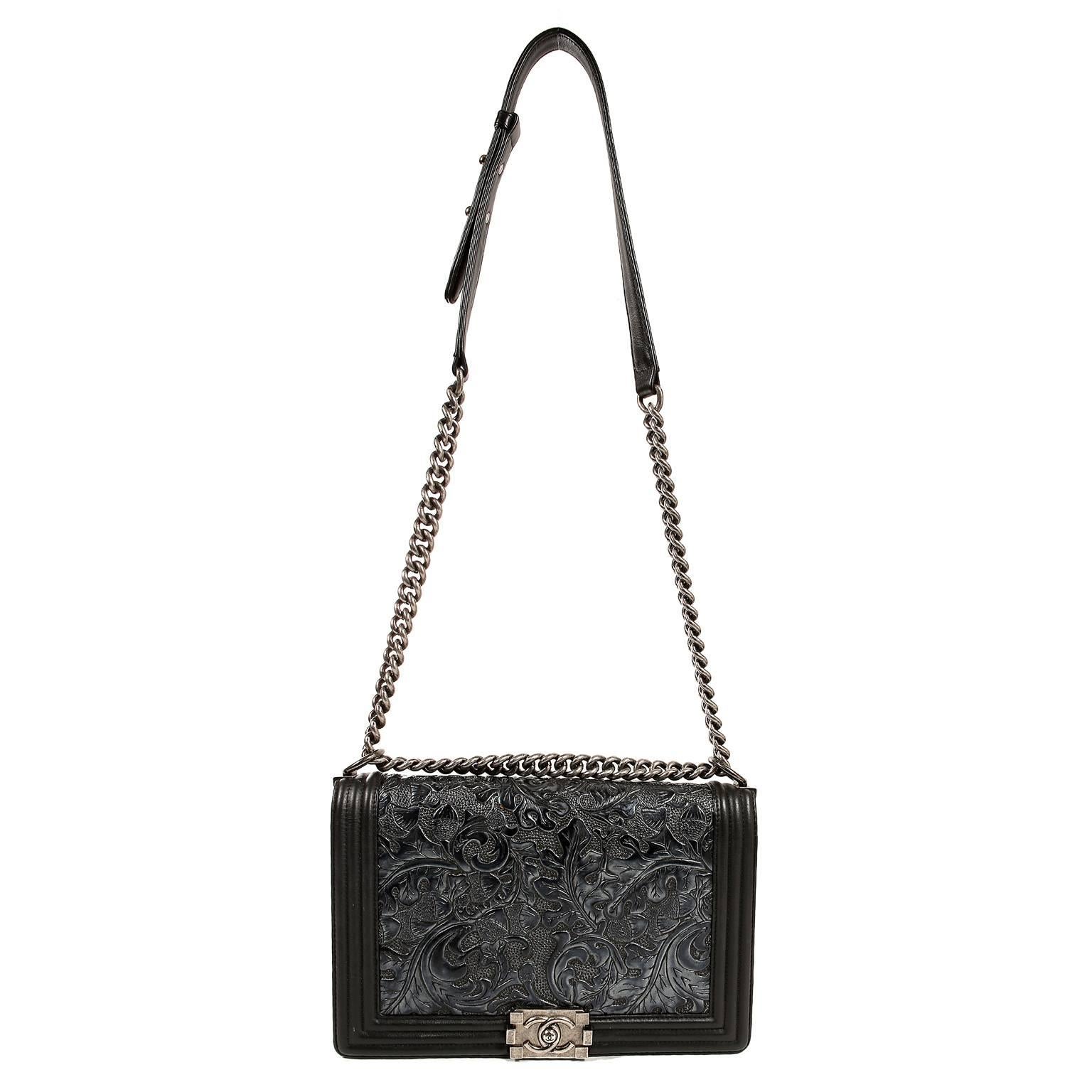 Chanel Black Tooled Leather Paris Dallas Large Cordoba Boy Bag 7