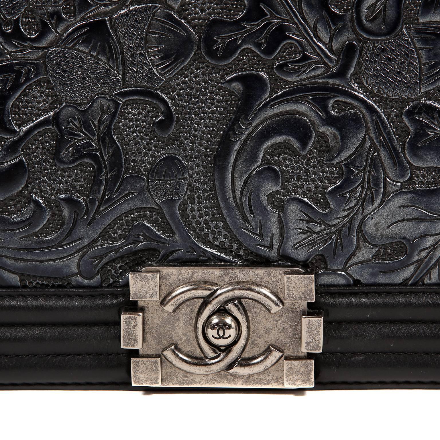 Women's Chanel Black Tooled Leather Paris Dallas Large Cordoba Boy Bag