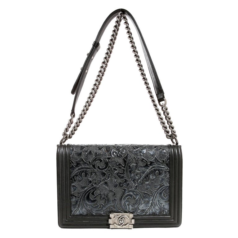 Chanel Black Tooled Leather Paris Dallas Large Cordoba Boy Bag at ...