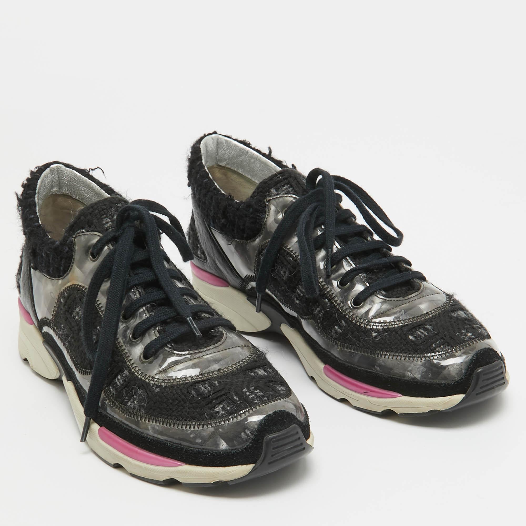 Women's Chanel Black/Transparent Tweed and PVC Interlocking CC Logo Sneakers Size 37