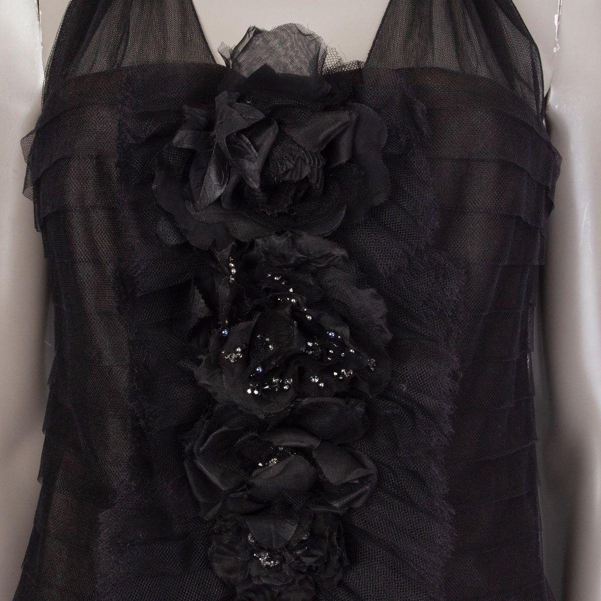 CHANEL black tulle Embellished Ruffle Cocktail Dress 36 XS For Sale 1