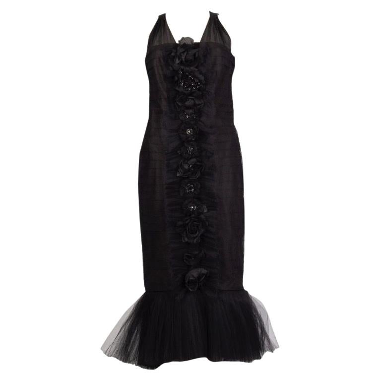 CHANEL black tulle Embellished Ruffle Cocktail Dress 36 XS For Sale