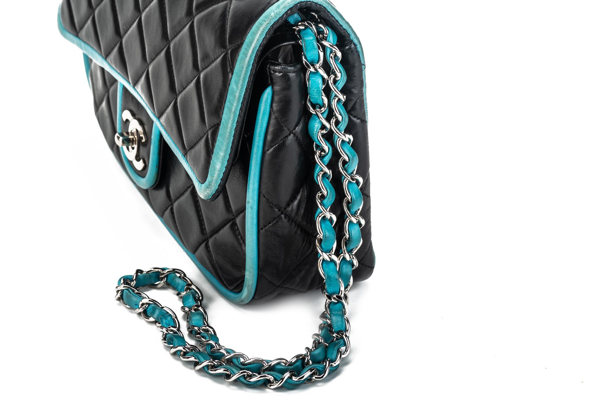 Chanel Black Turquoise Double Flap Bag For Sale 4