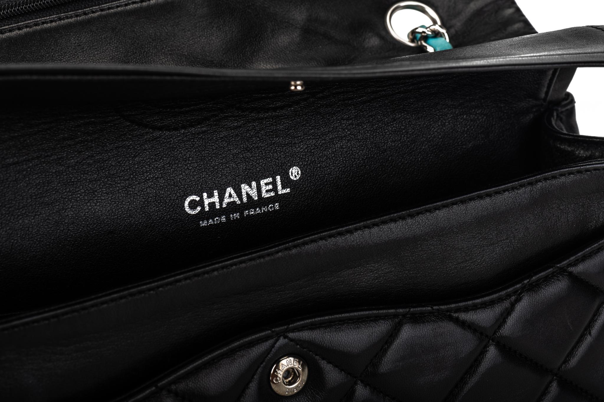 Chanel Black Turquoise Double Flap Bag For Sale 9
