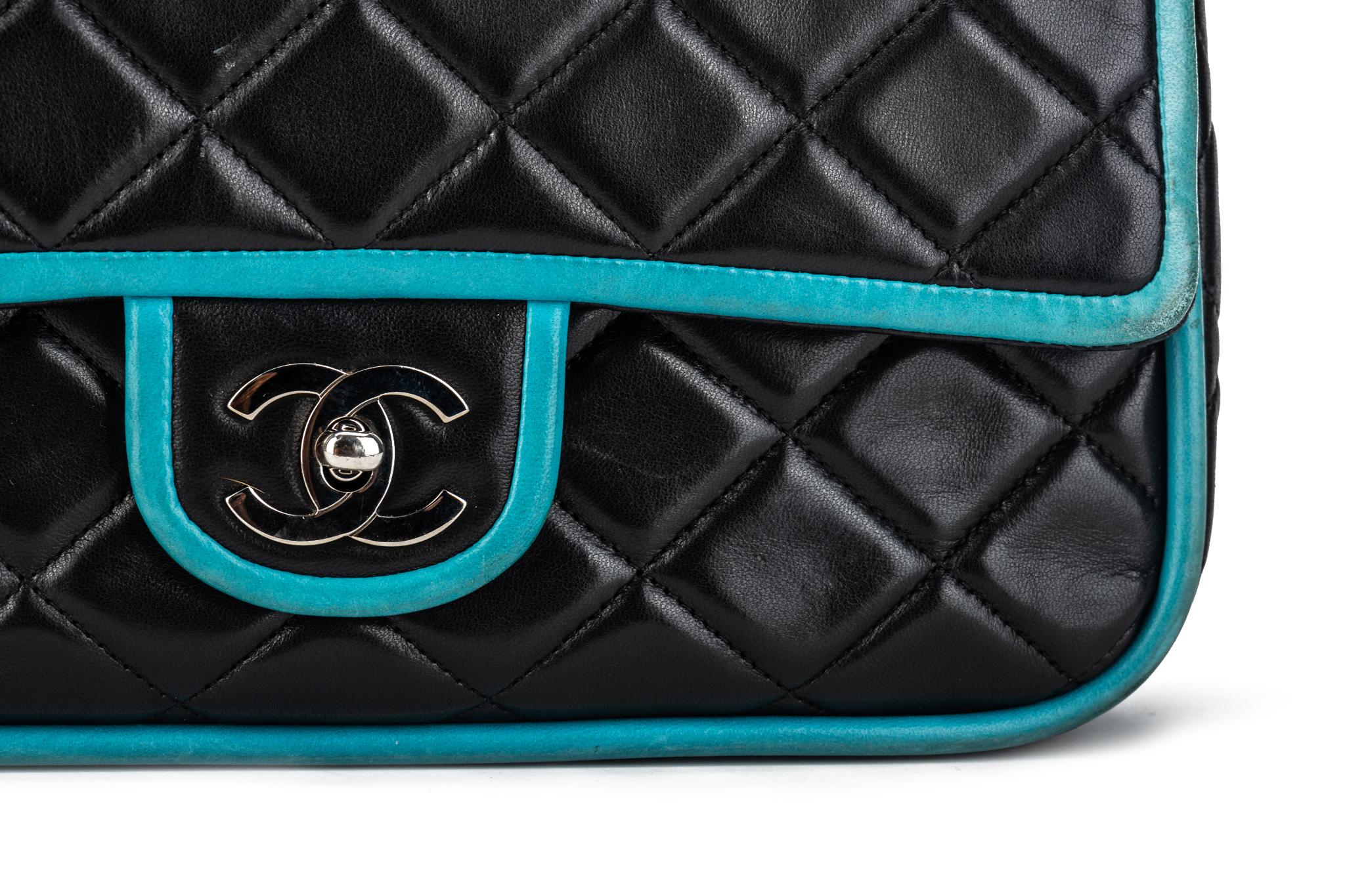 Chanel Black Turquoise Double Flap Bag For Sale 2