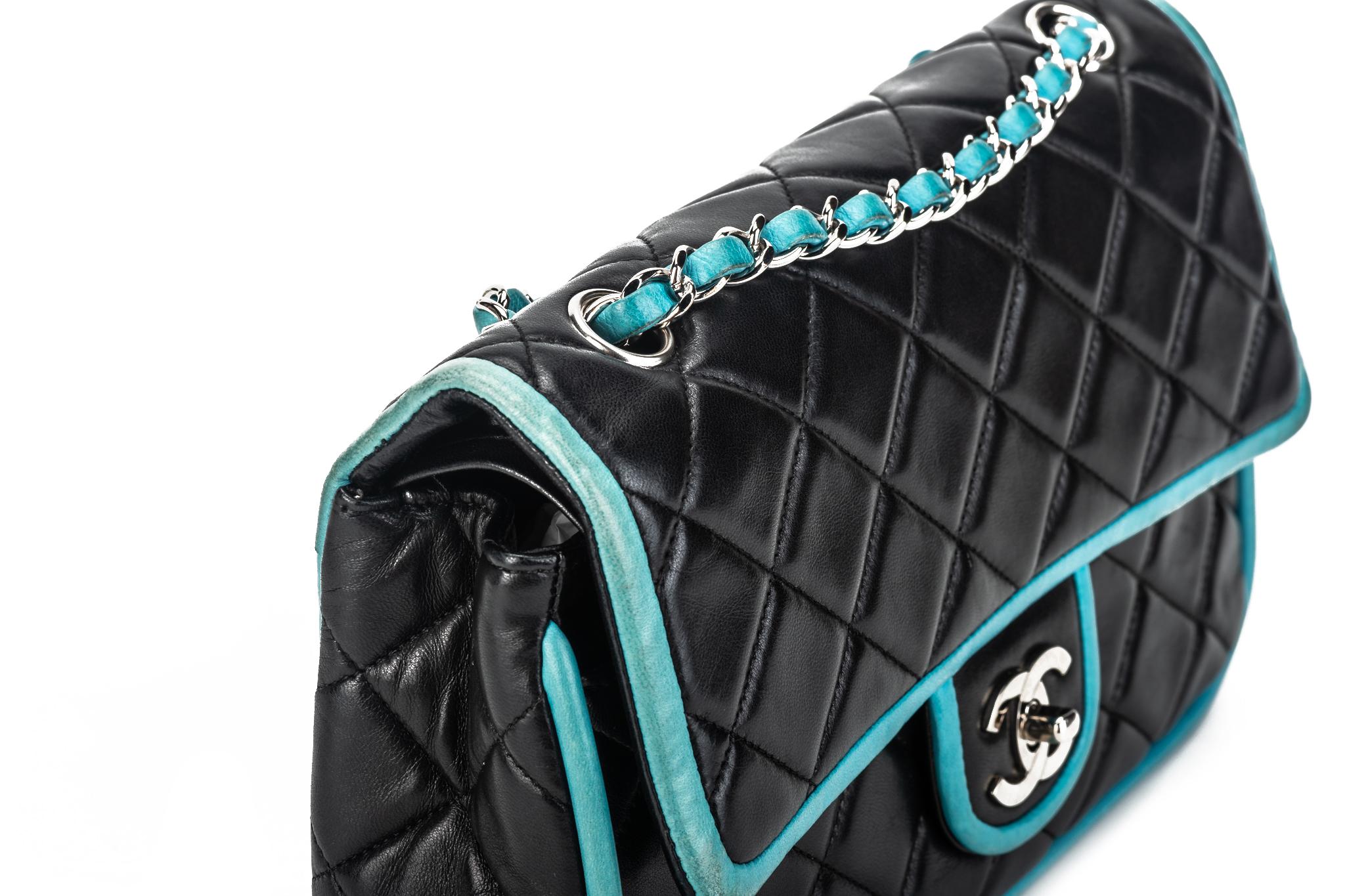 Chanel Black Turquoise Double Flap Bag For Sale 3