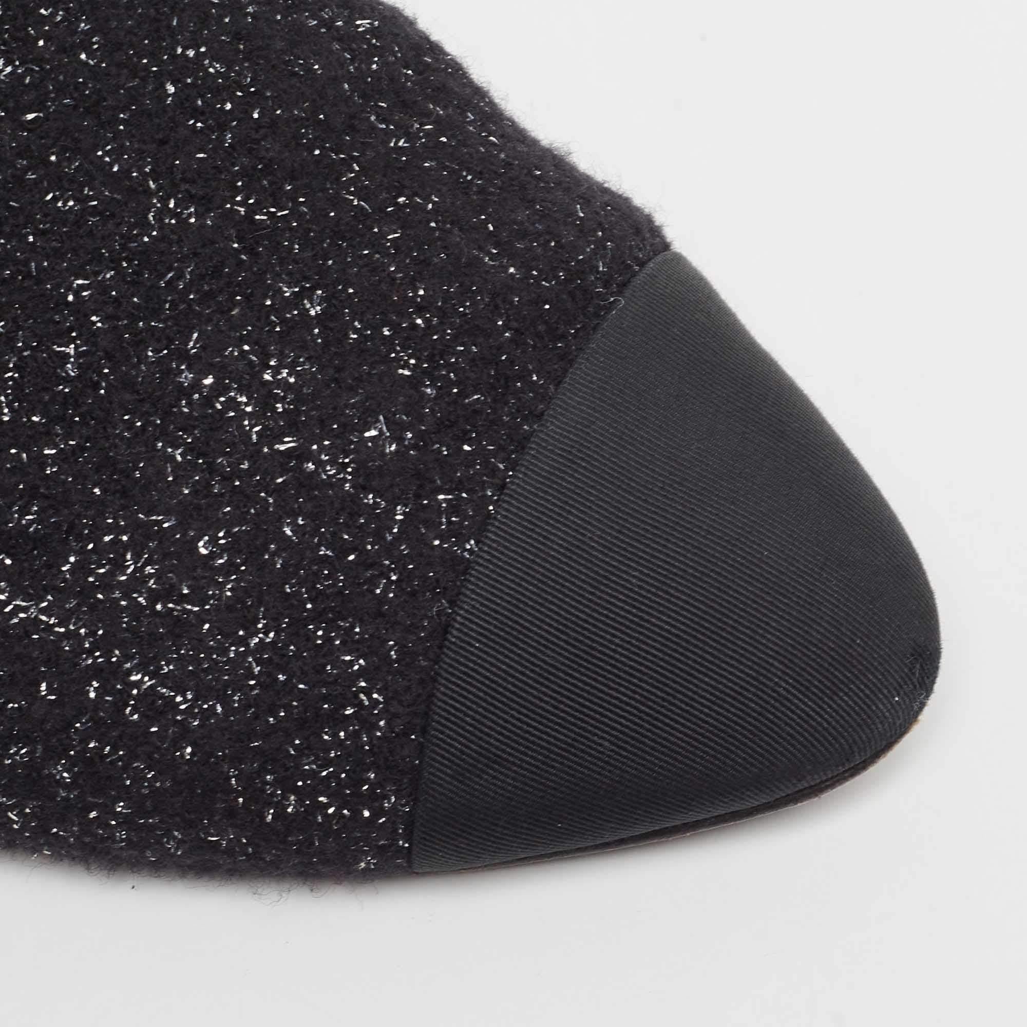 Chanel Black Tweed and Fabric Cap Toe Block Heel Mules Size 38 2
