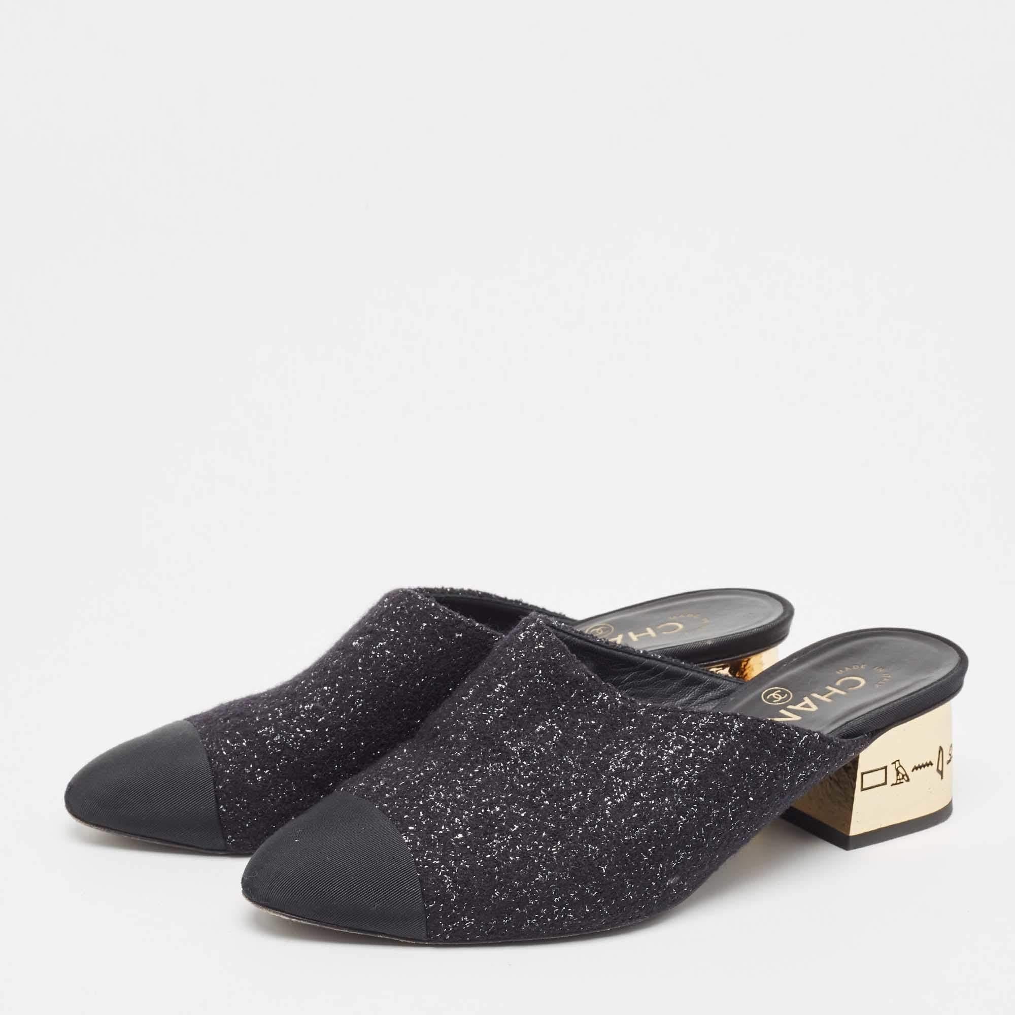 Chanel Black Tweed and Fabric Cap Toe Block Heel Mules Size 38 4