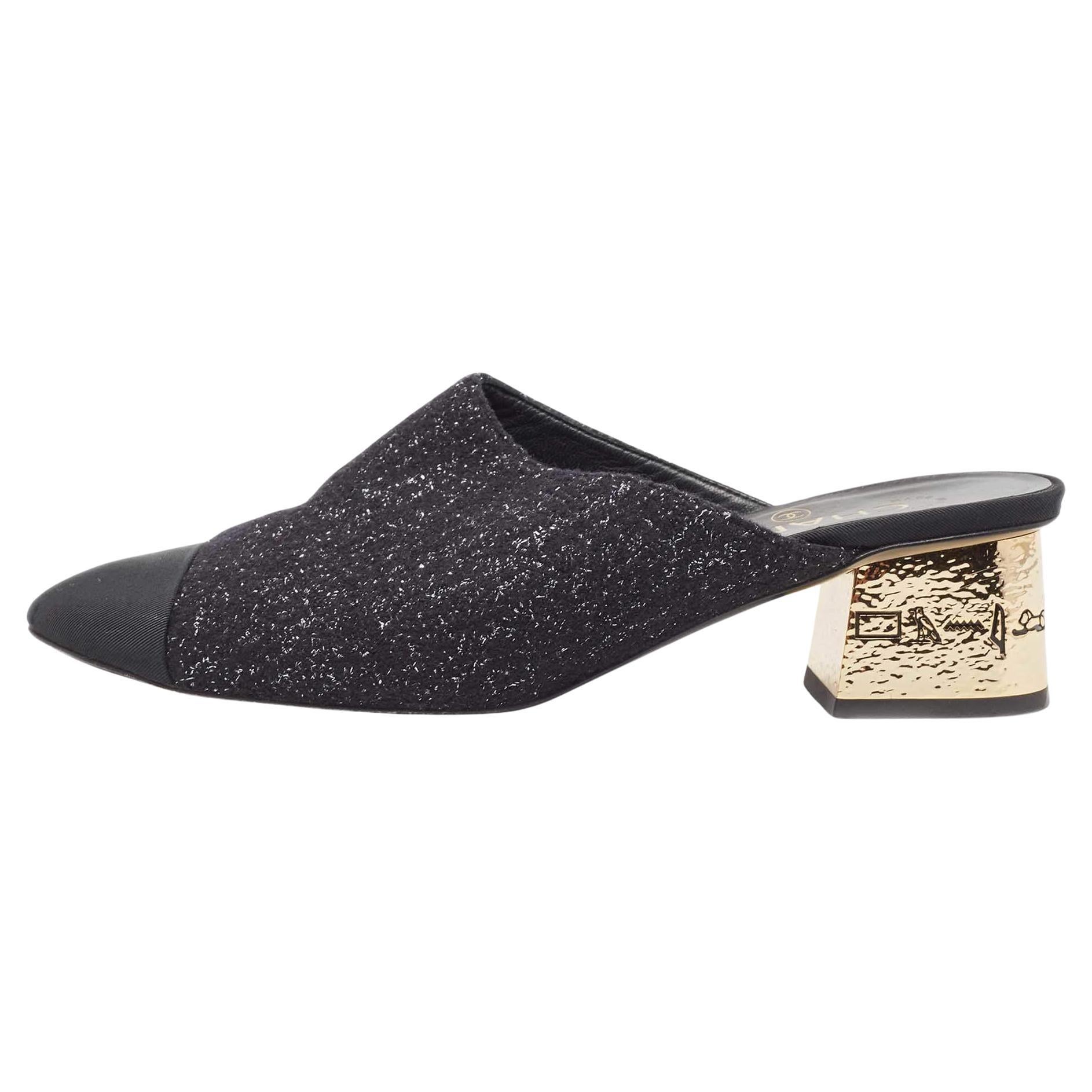 Chanel Black Tweed and Fabric Cap Toe Block Heel Mules Size 38