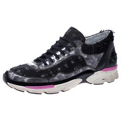 Chanel Black Tweed and Leather Lace Up Sneakers Size 39