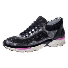 Chanel Black Tweed and Leather Lace Up Sneakers Size 39