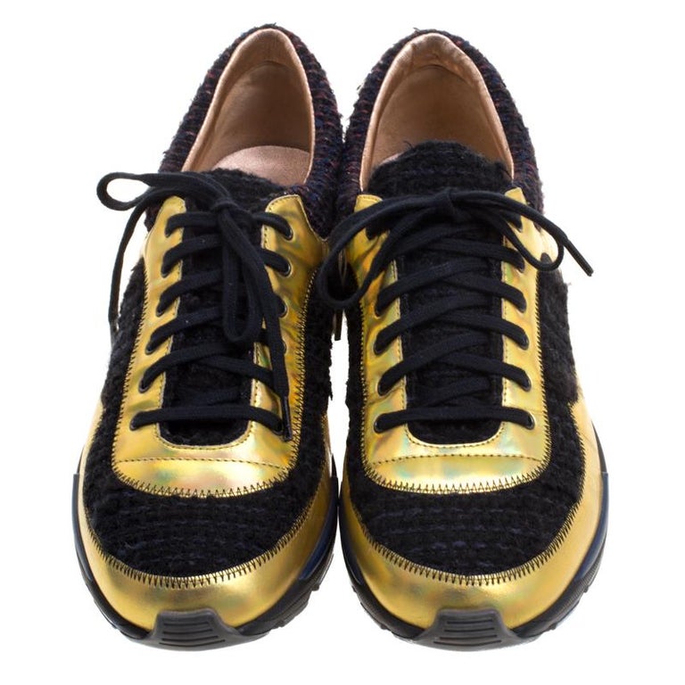 Chanel Black Tweed and Metallic Leather Lace Up Sneakers Size 40 For