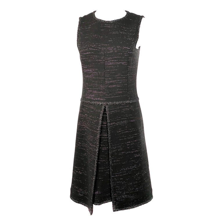 Chanel Sz 42 Fantasy Tweed Dress Black Silver Lurex Thread Zip Pleats Fall  2016