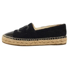 Chanel Black Tweed and Patent Cap Toe CC Espadrille Flats Size 37