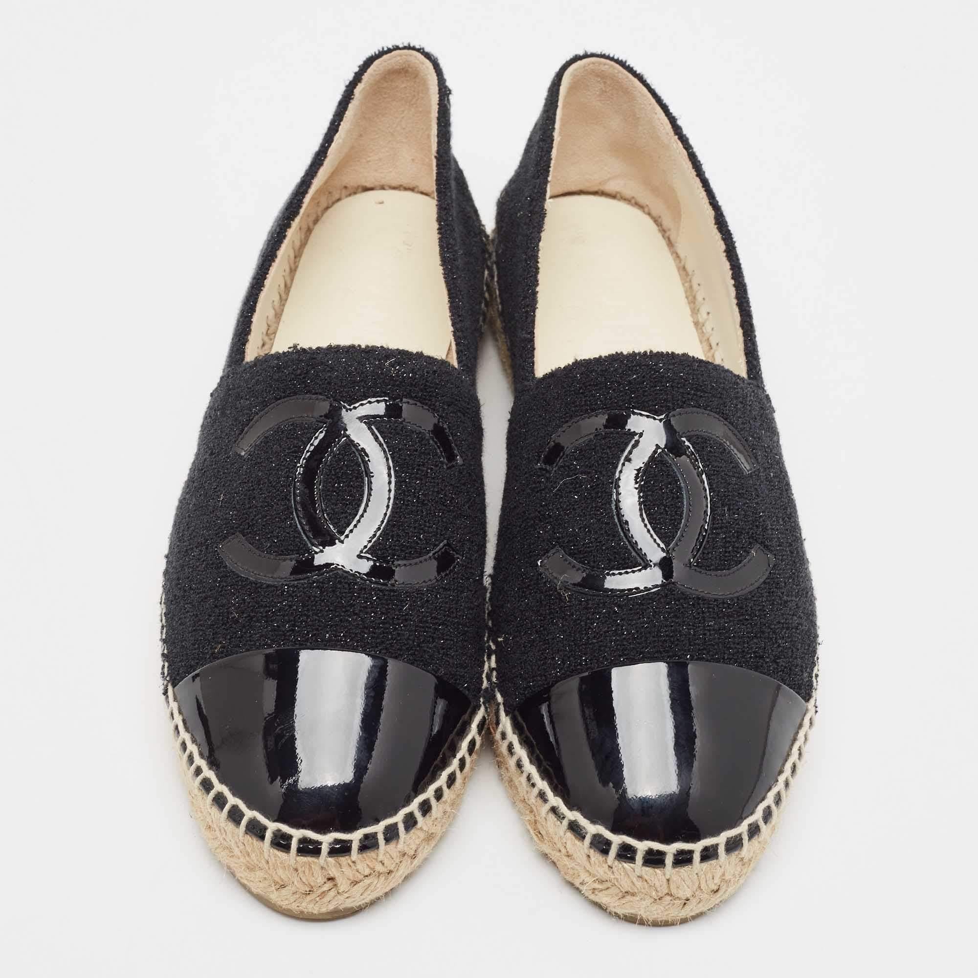 Women's Chanel Black Tweed and Patent CC Espadrille Flats Size 39