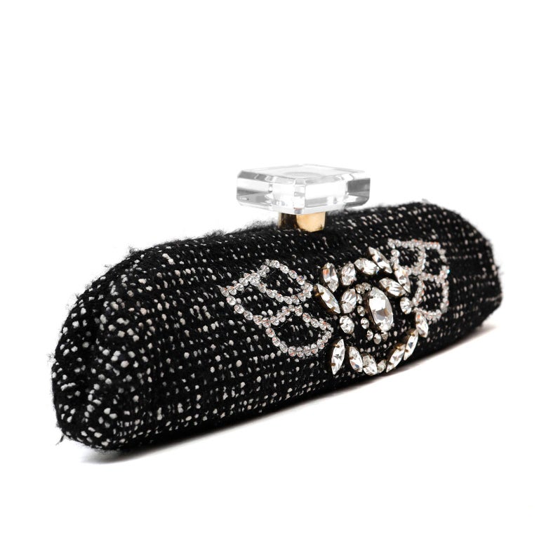 Chanel Black Tweed and Rhinestone Runway Clutch In Good Condition For Sale In Palm Beach, FL