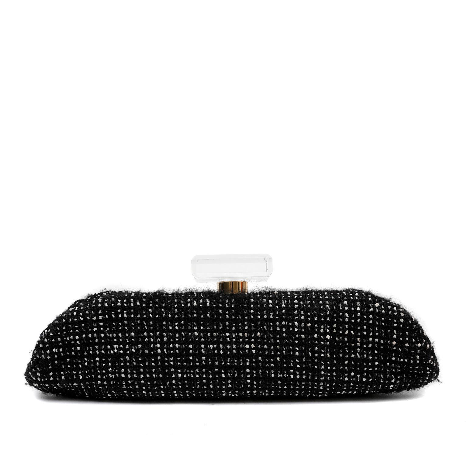 Women's Chanel Black Tweed and Rhinestone Runway Clutch For Sale