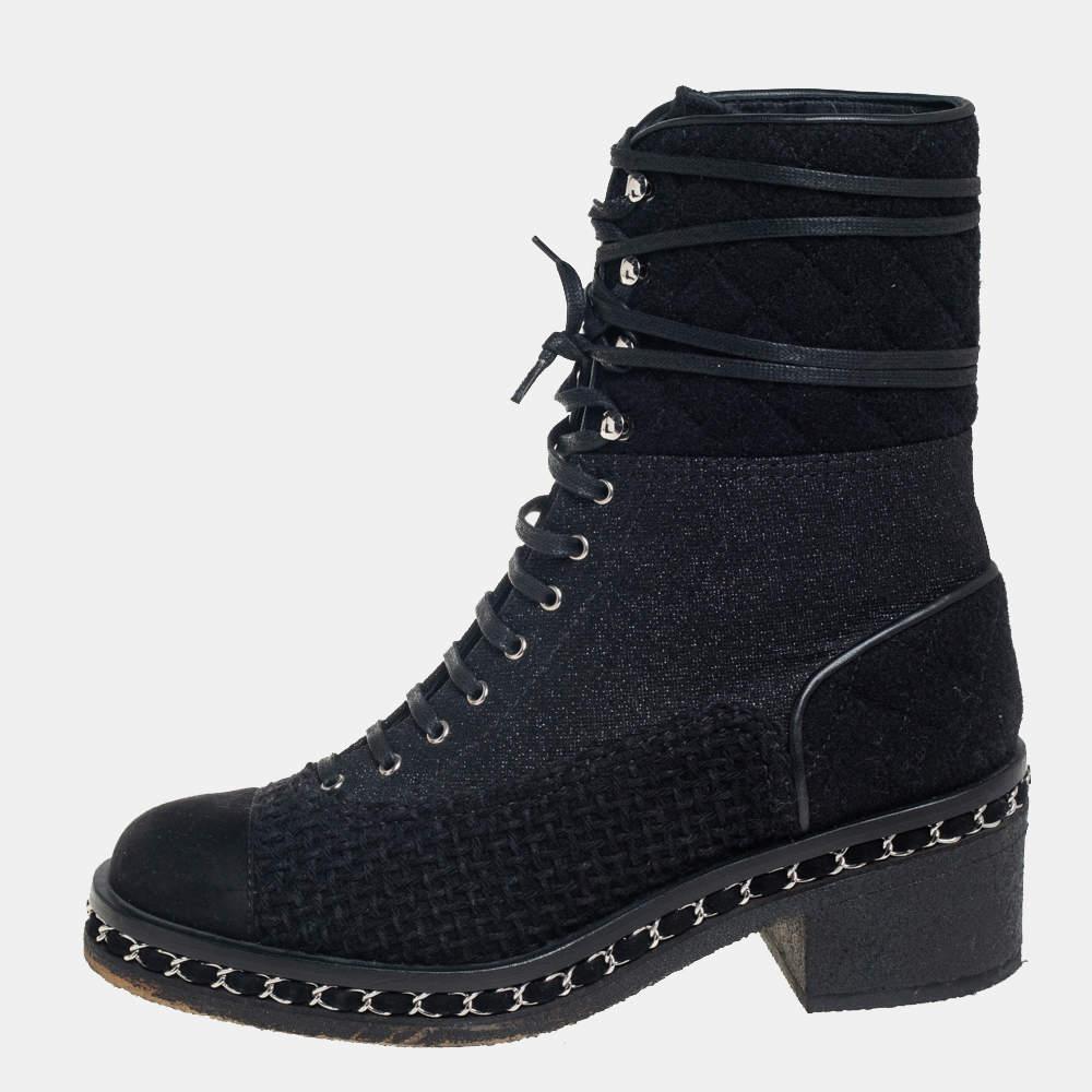 Women's Chanel Black Tweed And Suede Combat Boots Size 39 For Sale