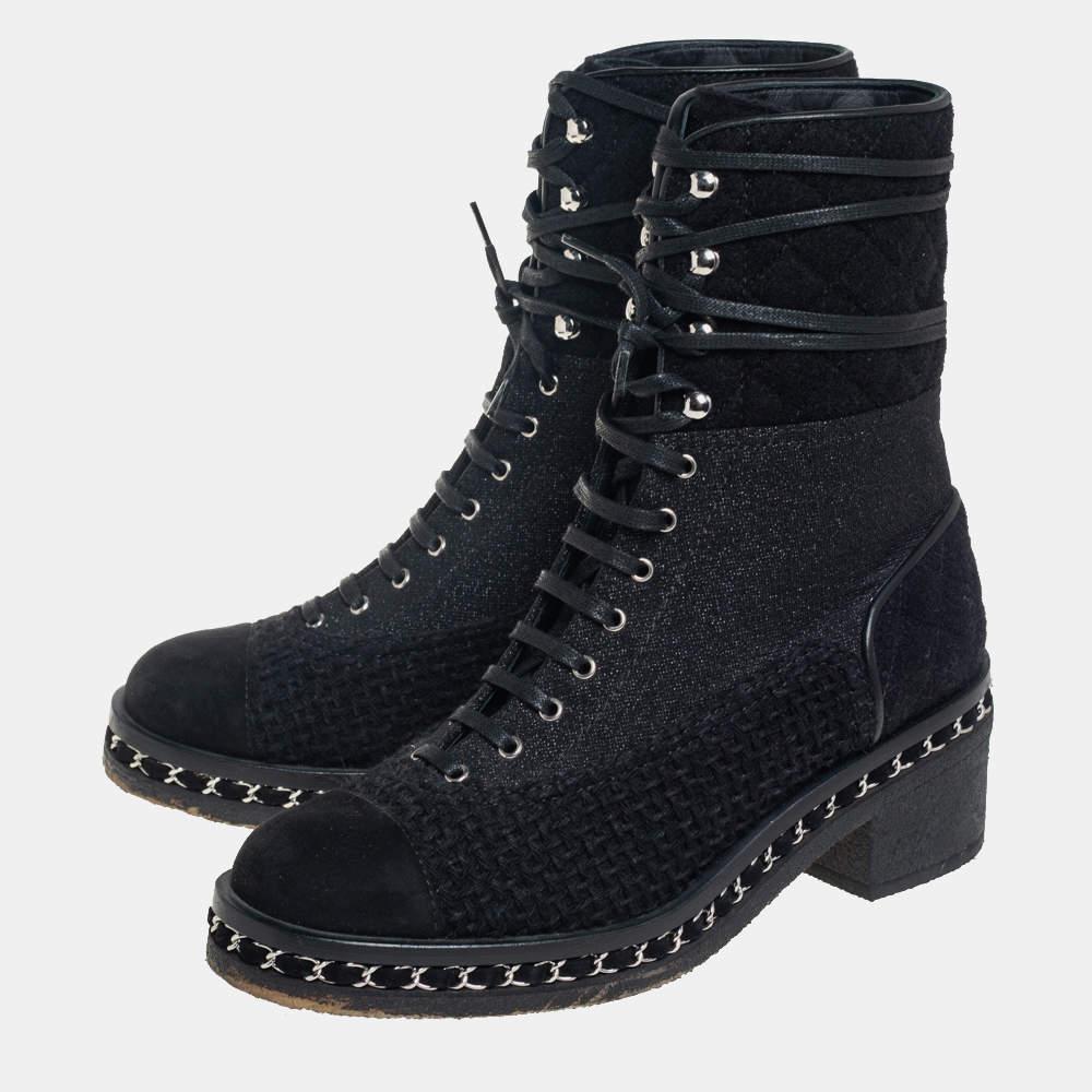 Chanel Black Tweed And Suede Combat Boots Size 39 For Sale 2