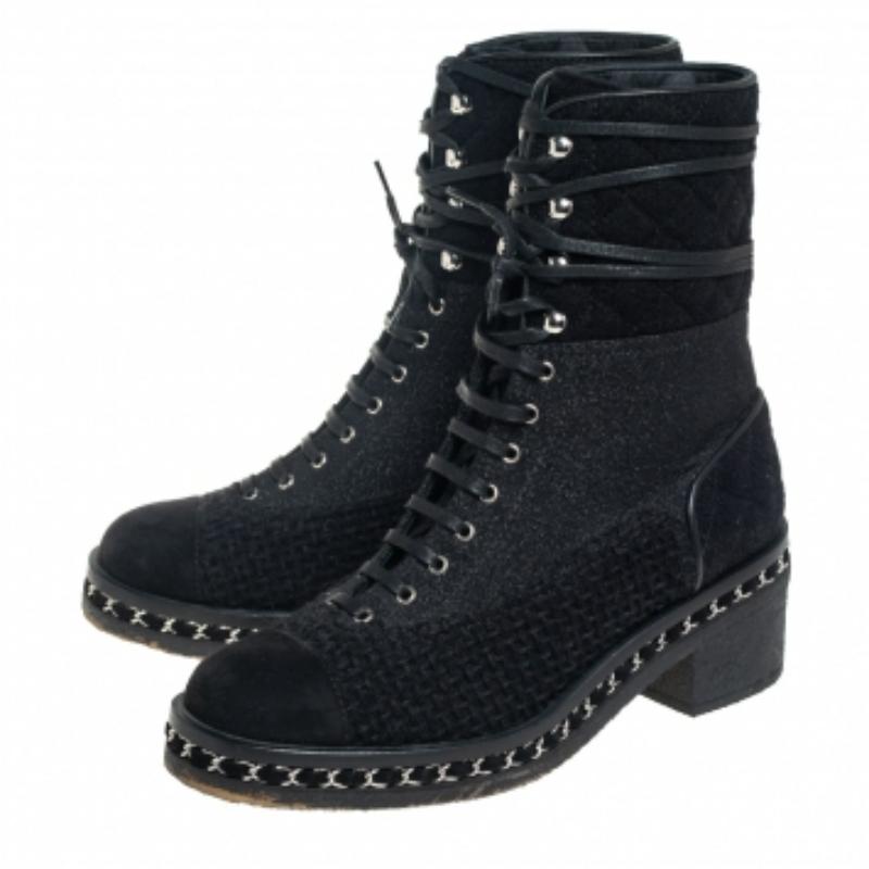 Chanel Black Tweed And Suede  Combat Boots Size 39 For Sale 4