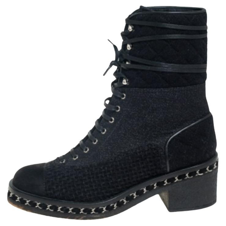 Chanel Black Tweed And Suede  Combat Boots Size 39 For Sale