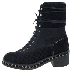 Chanel Black Tweed And Suede  Combat Boots Size 39
