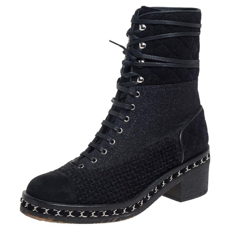 Chanel Black Tweed And Suede Combat Boots Size 39 For Sale at 1stDibs