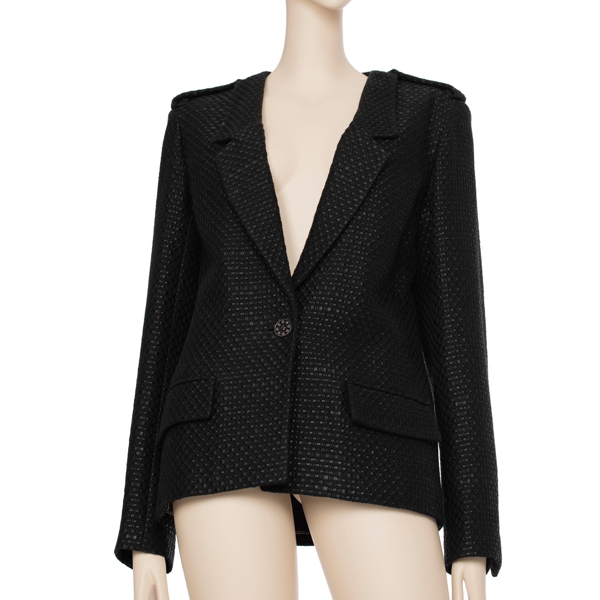 Chanel Black Tweed Blazer Single Button 42 FR For Sale 2