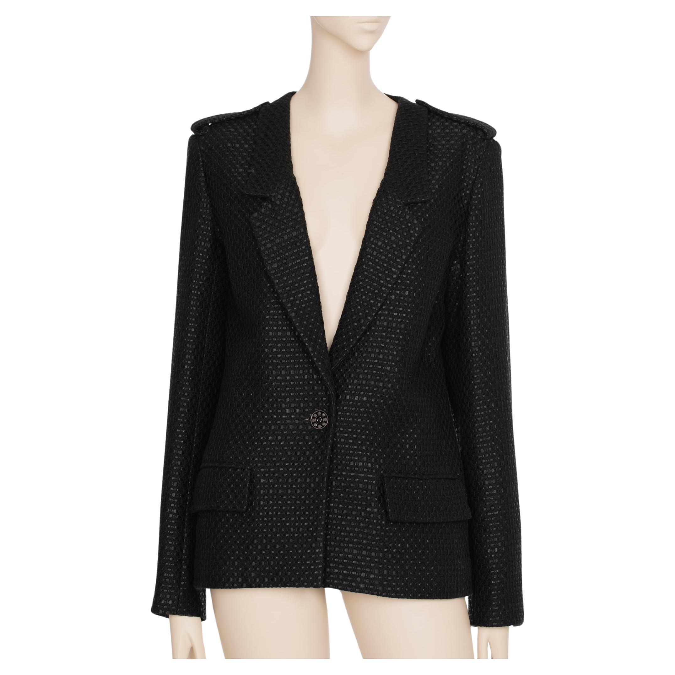 Chanel Black Tweed Blazer Single Button 42 FR For Sale