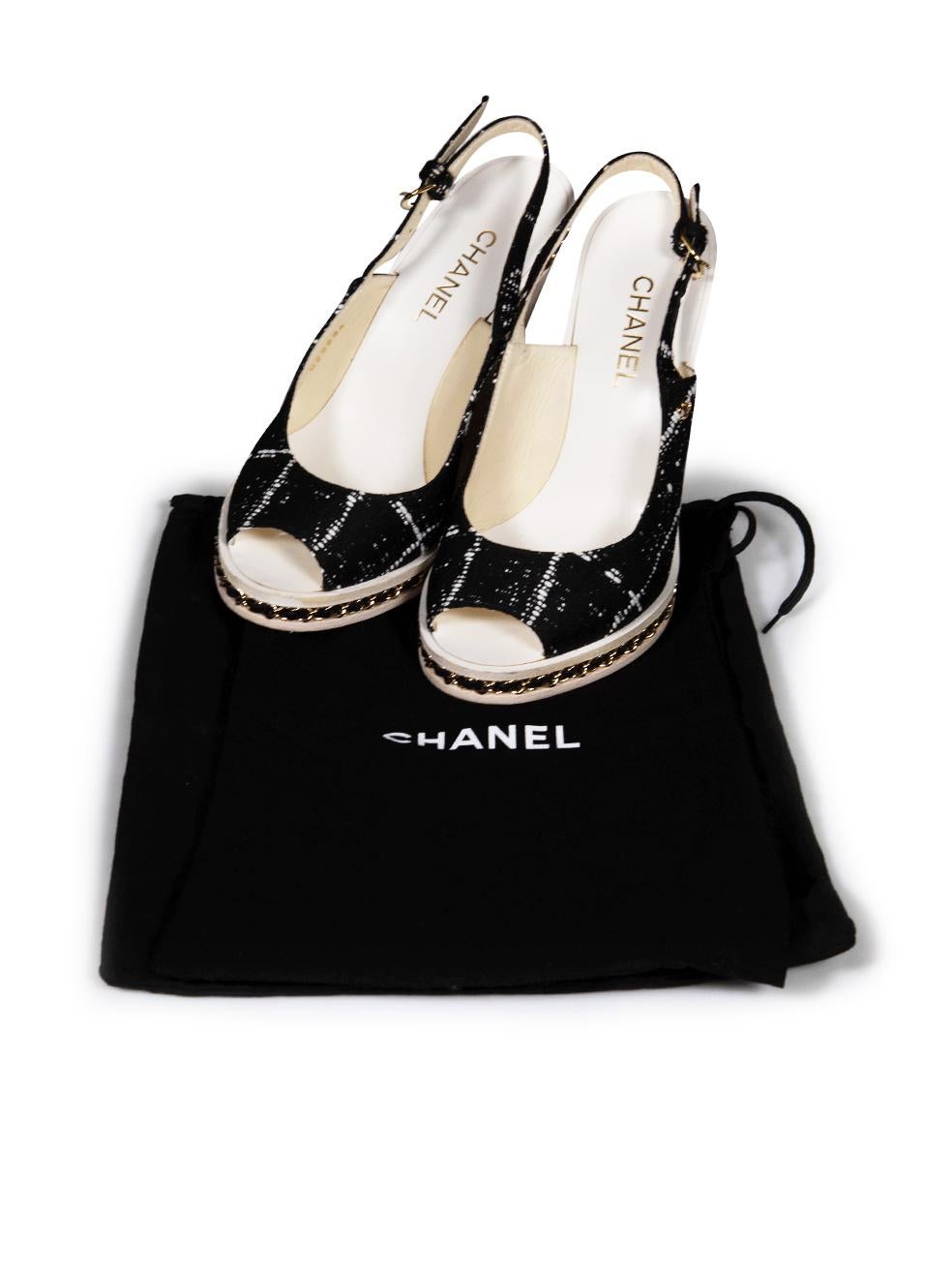 Chanel Black Tweed CC Chain Accent Slingback Wedge Sandals Size IT 38.5 2