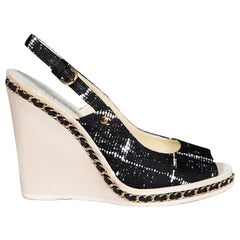 Chanel Black Tweed CC Chain Accent Slingback Wedge Sandals Size IT 38.5