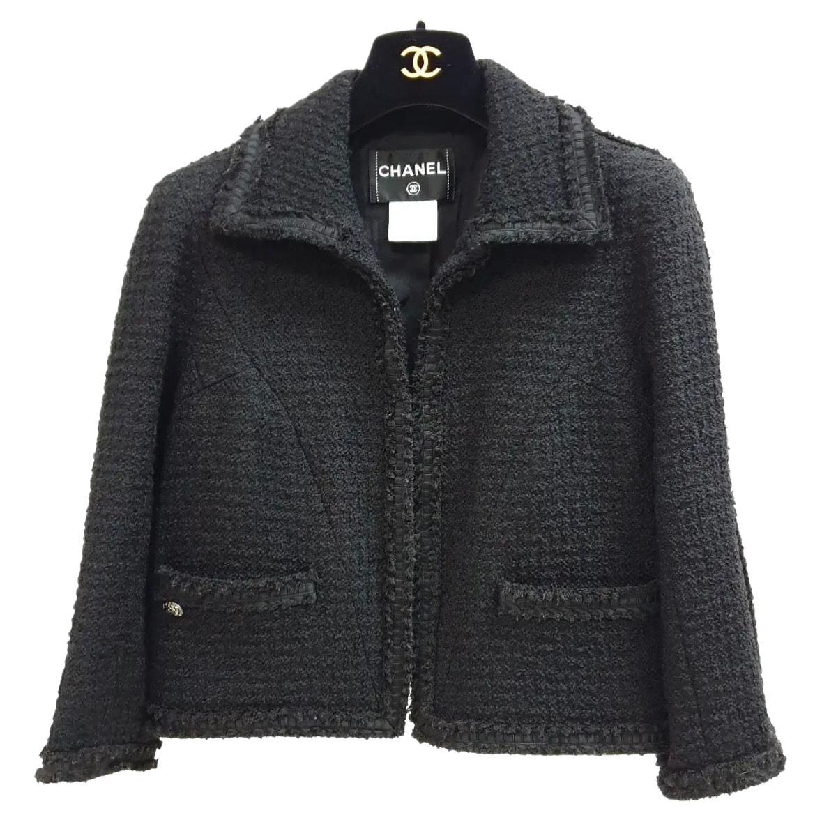 Chanel Black Tweed Cropped Blazer Jacket