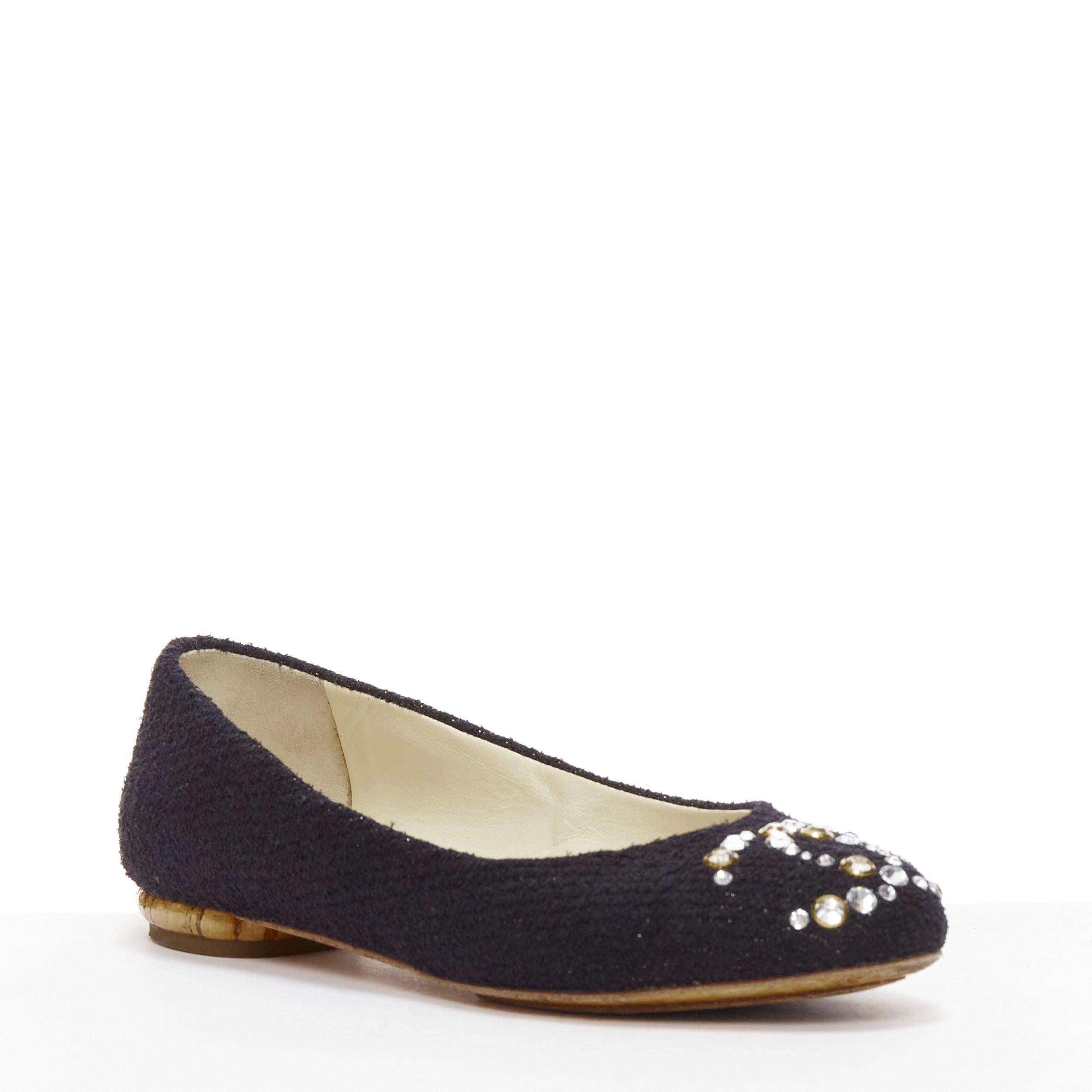 Noir CHANEL tweed noir cristal CC logo embelli bout rond chaussures plates EU35 en vente