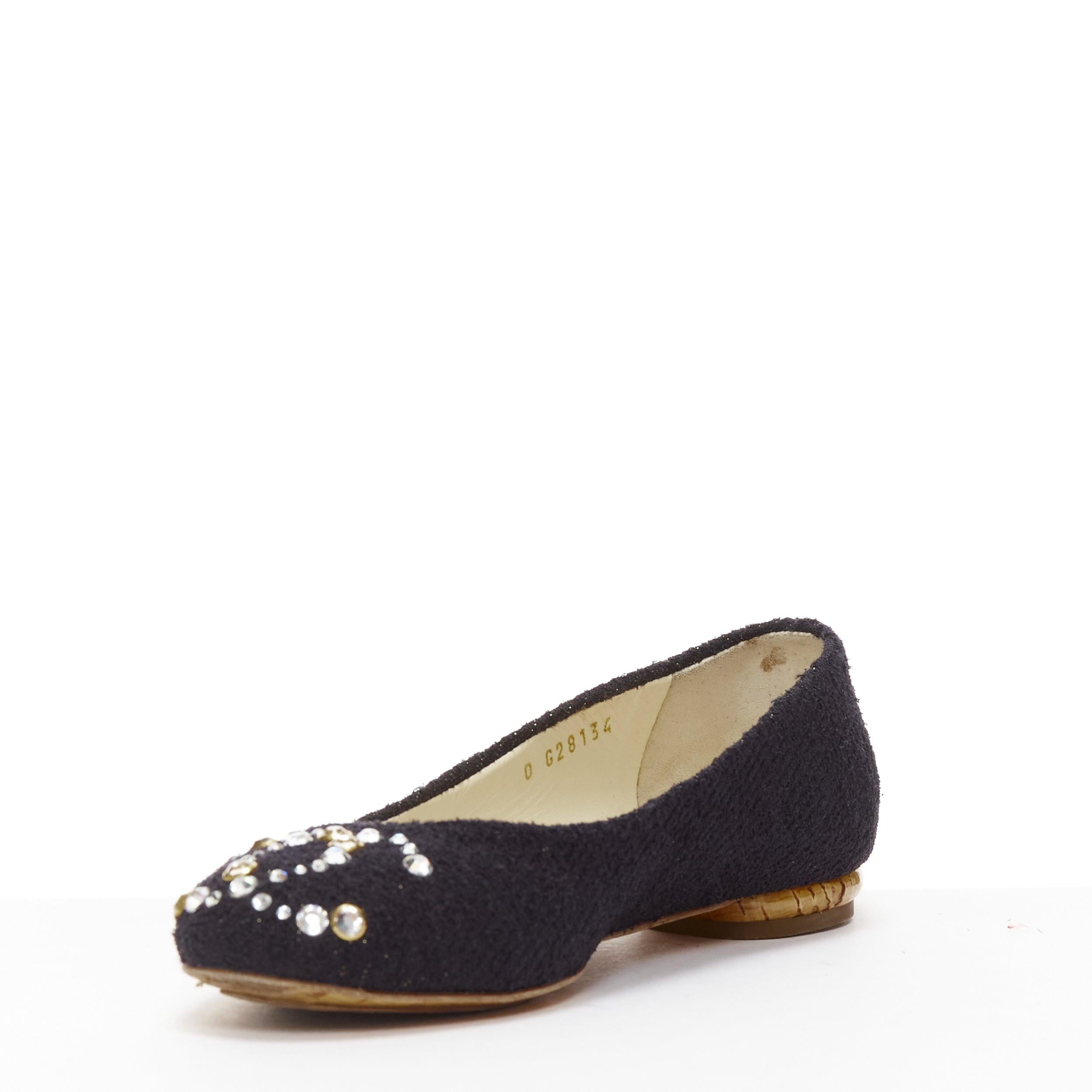 Women's CHANEL black tweed crystal CC embellished logo round toe flat shoes EU35 For Sale