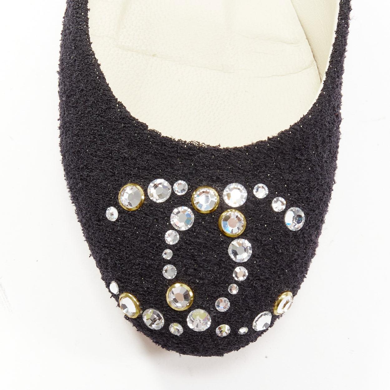 CHANEL black tweed crystal CC embellished logo round toe flat shoes EU35 For Sale 2