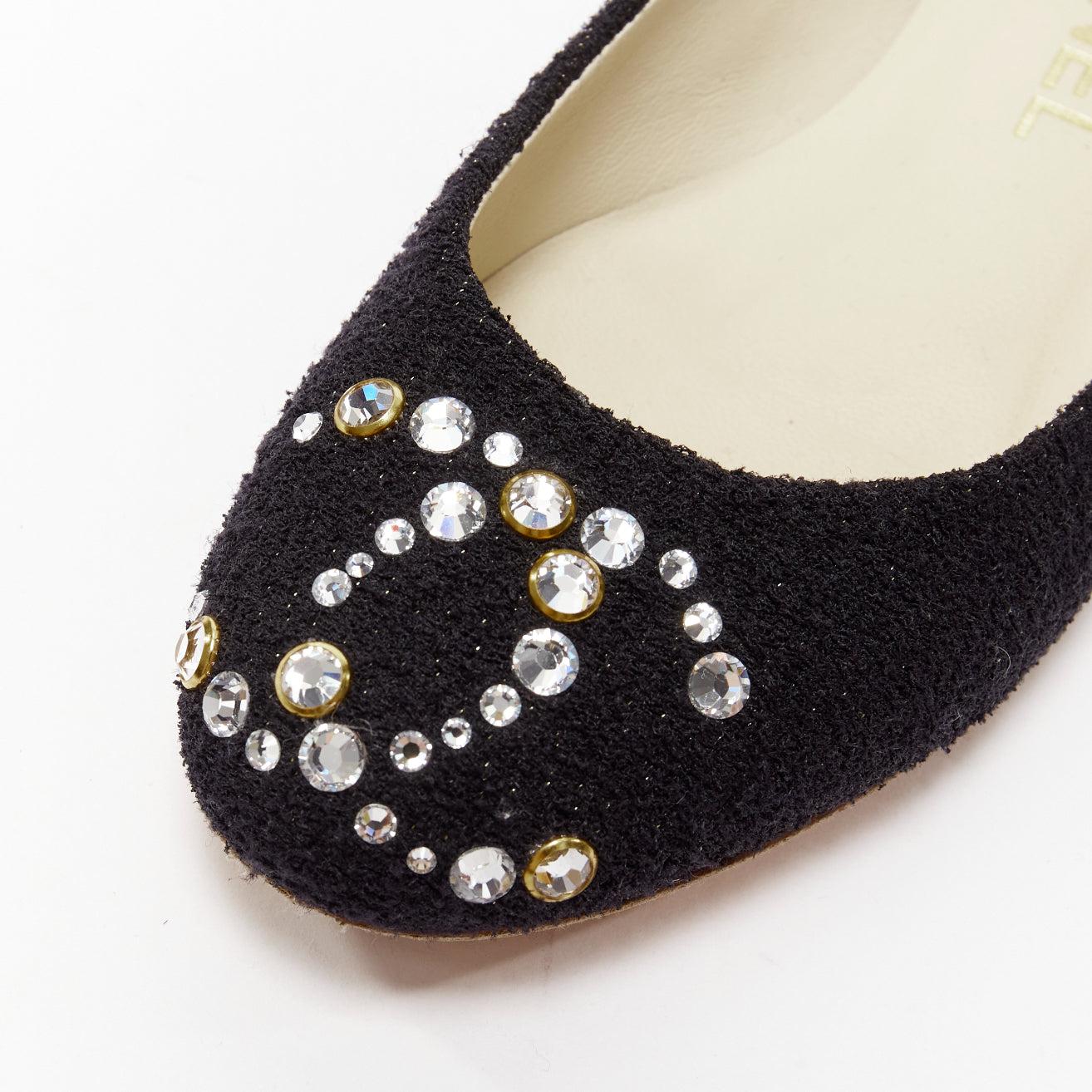 CHANEL black tweed crystal CC embellished logo round toe flat shoes EU35 For Sale 3