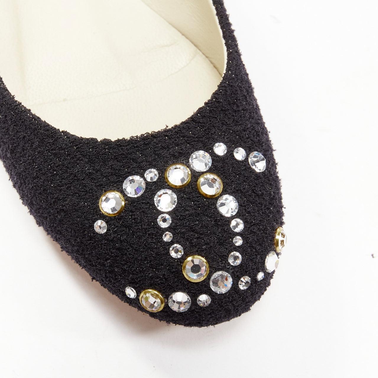 CHANEL black tweed crystal CC embellished logo round toe flat shoes EU35 For Sale 4