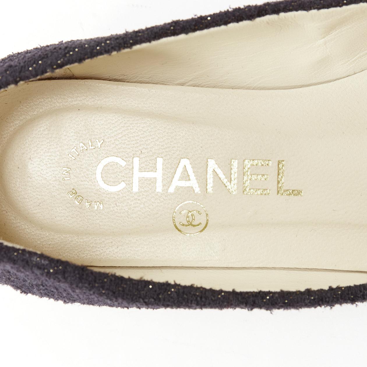 CHANEL black tweed crystal CC embellished logo round toe flat shoes EU35 For Sale 5