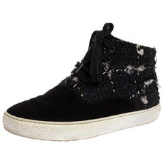 Chanel Black Tweed Fabric And Suede Leather High Top Sneakers Size 39