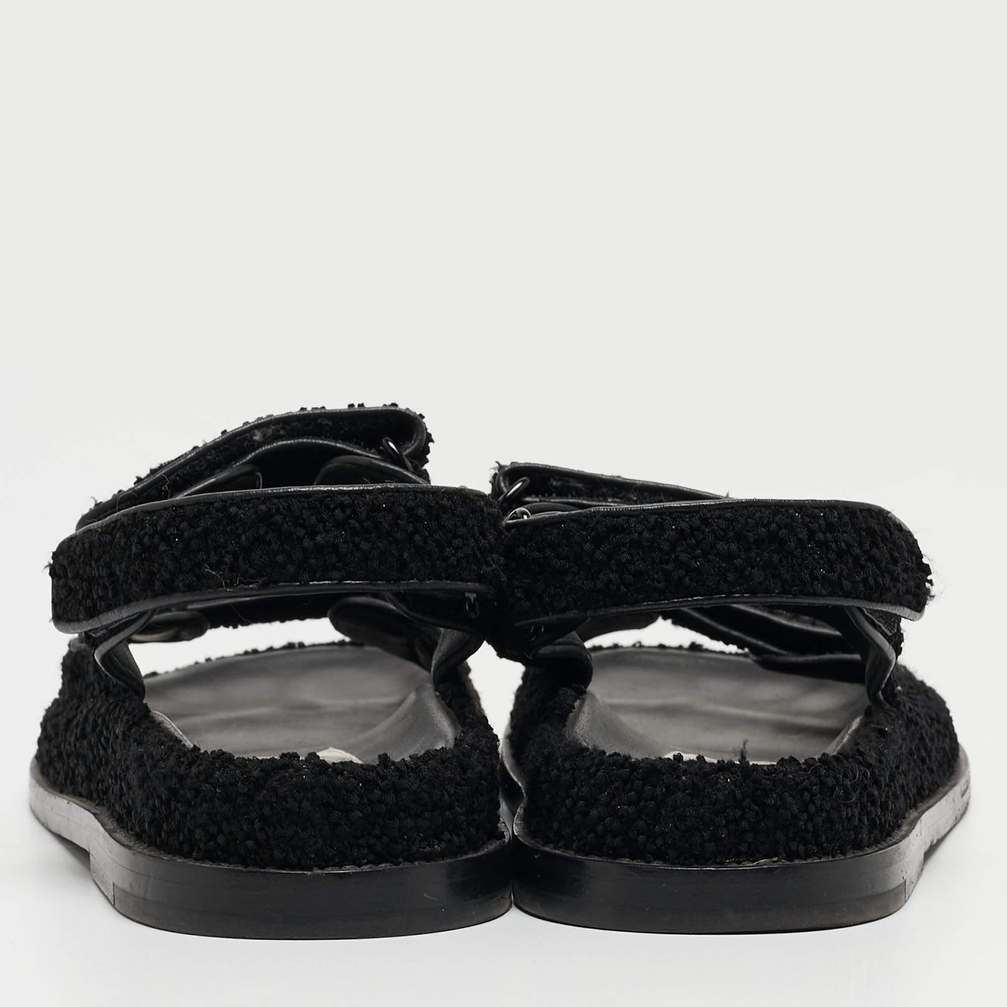 Chanel Black Tweed Fabric Dad Sandals Size 37 1