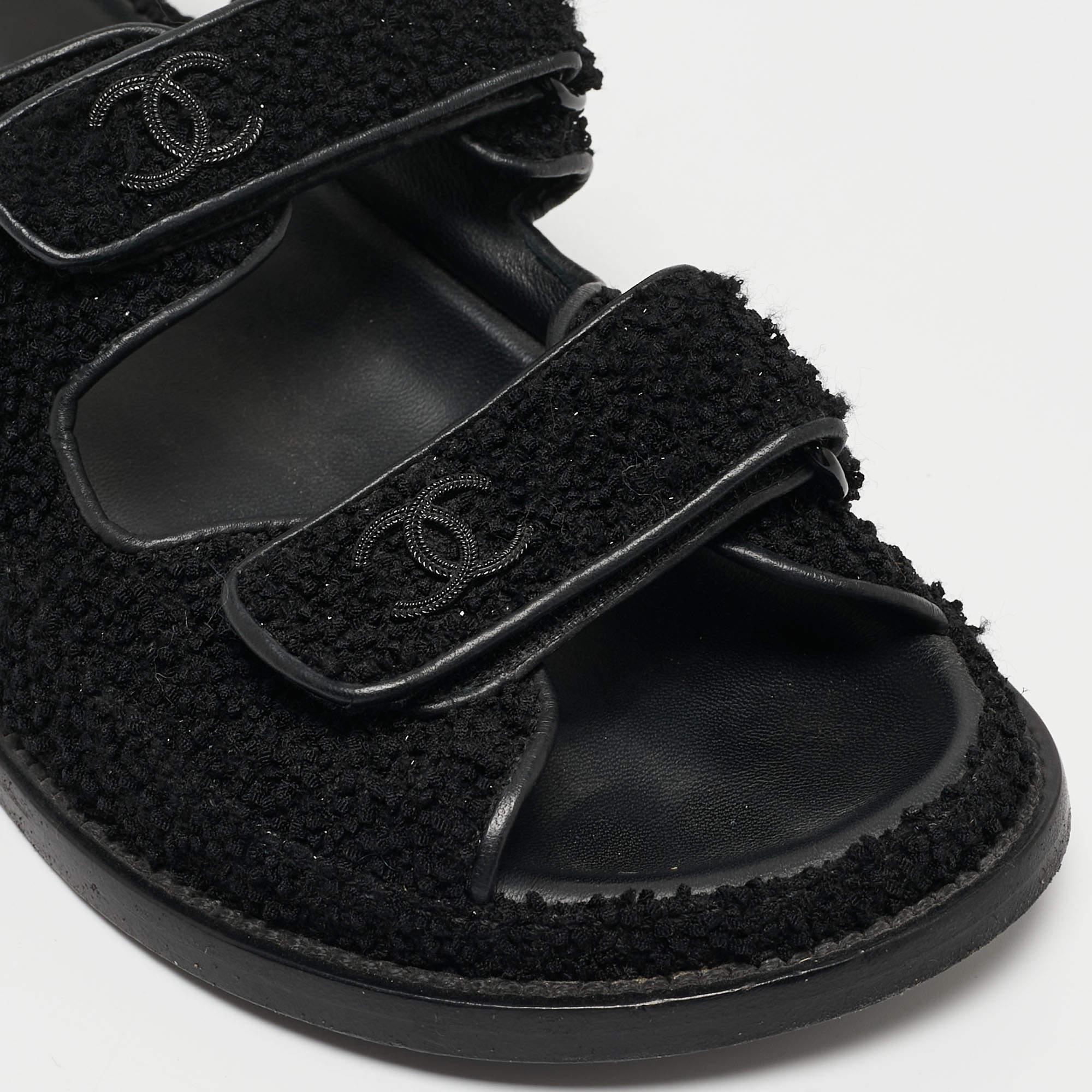 Chanel Black Tweed Fabric Dad Sandals Size 37 2