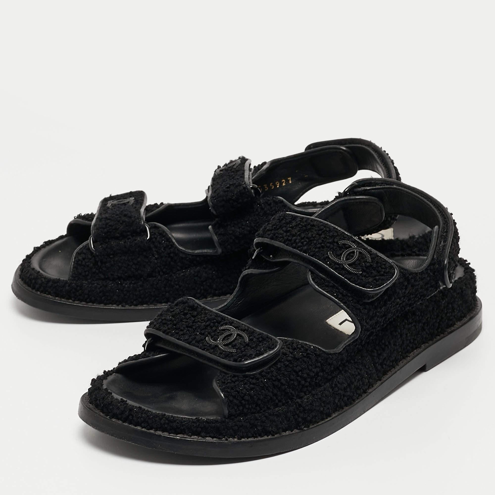Chanel Black Tweed Fabric Dad Sandals Size 37 4