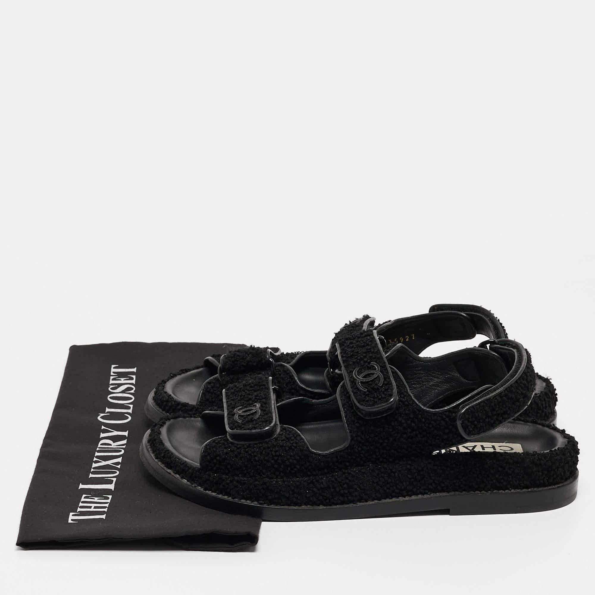 Chanel Black Tweed Fabric Dad Sandals Size 37 5