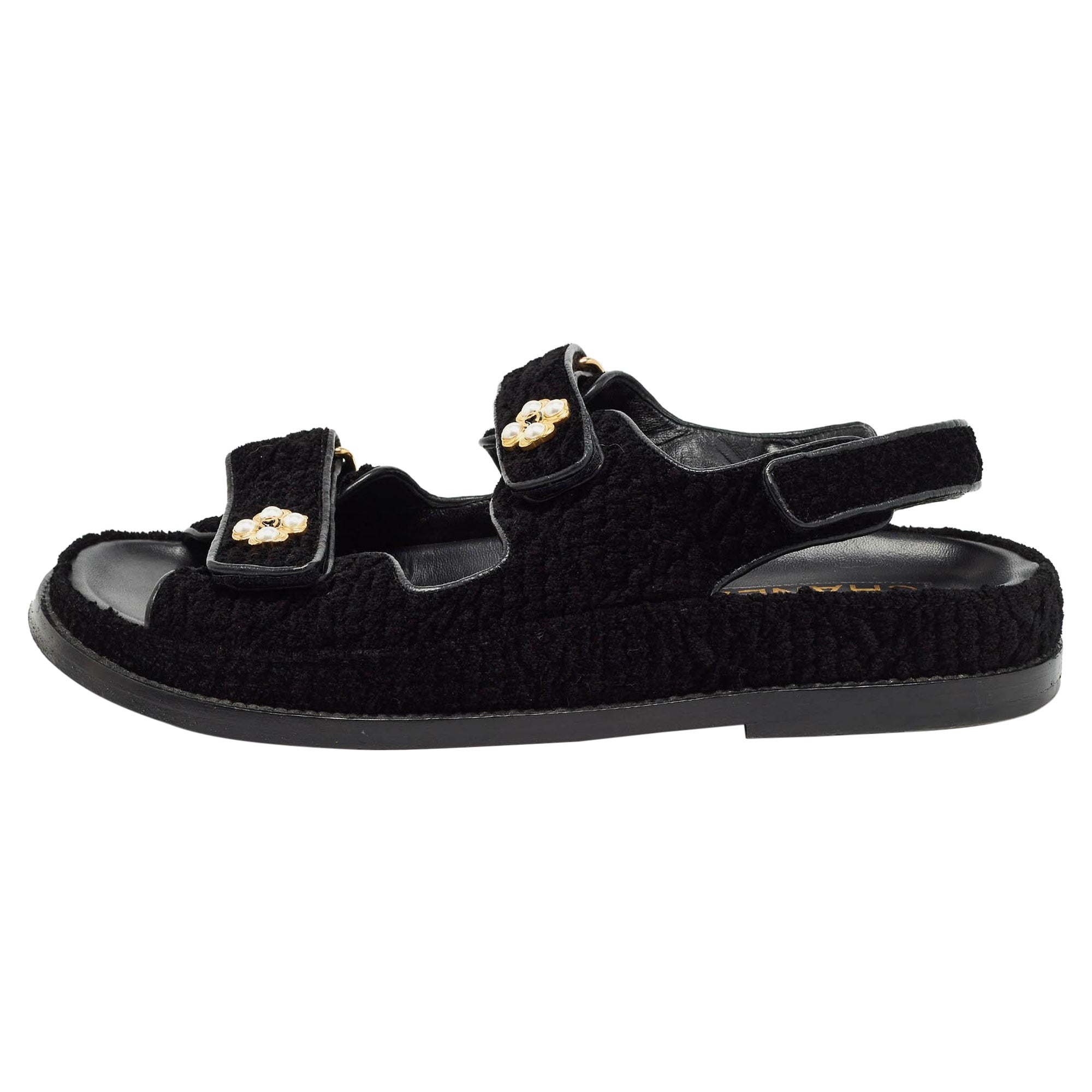 Chanel Black Tweed Fabric Dad Sandals Size 38.5