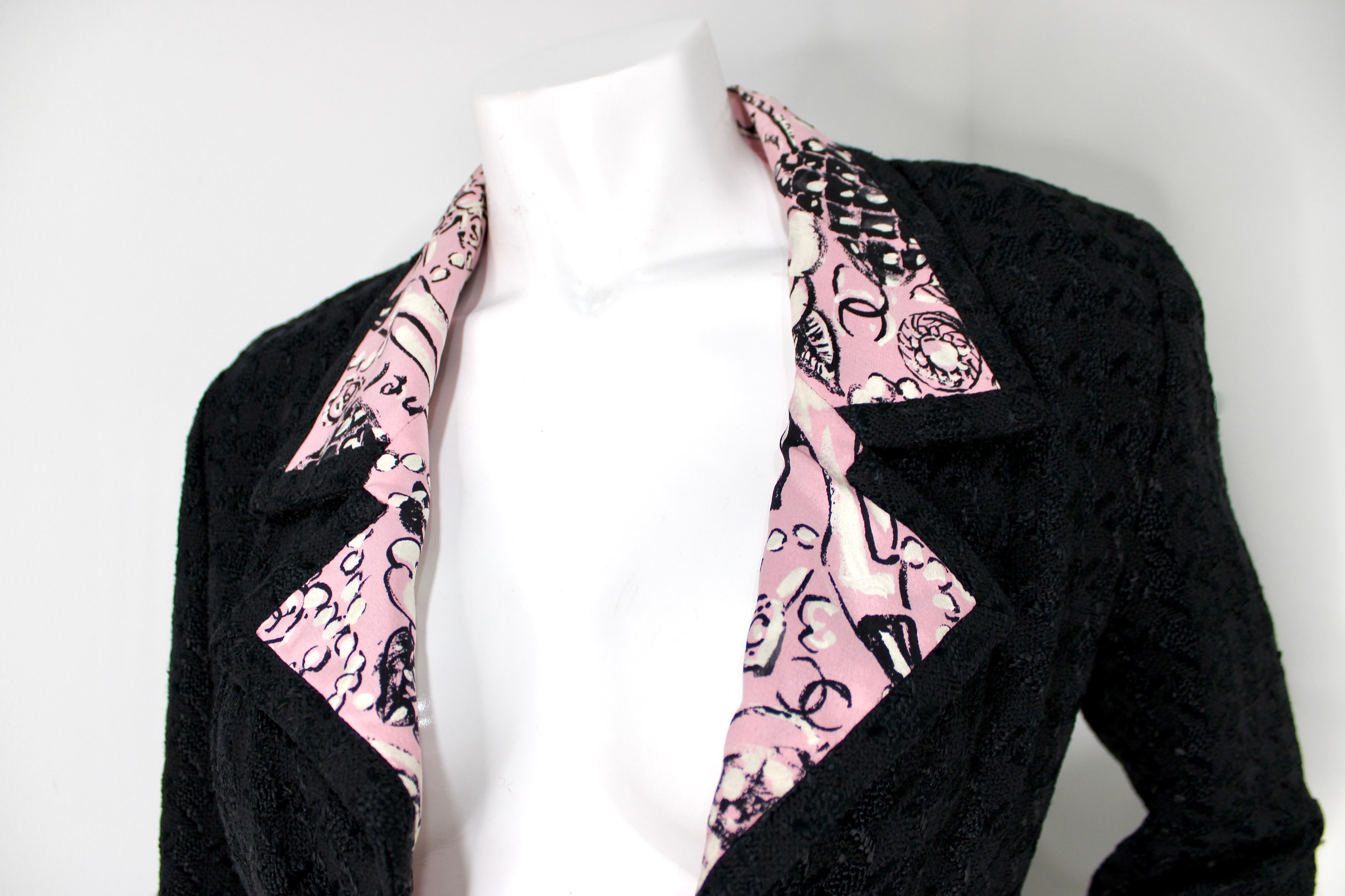 Chanel Black Tweed Houndstooth & Pink Print Jacket & Skirt Suit Set 1993 For Sale 1